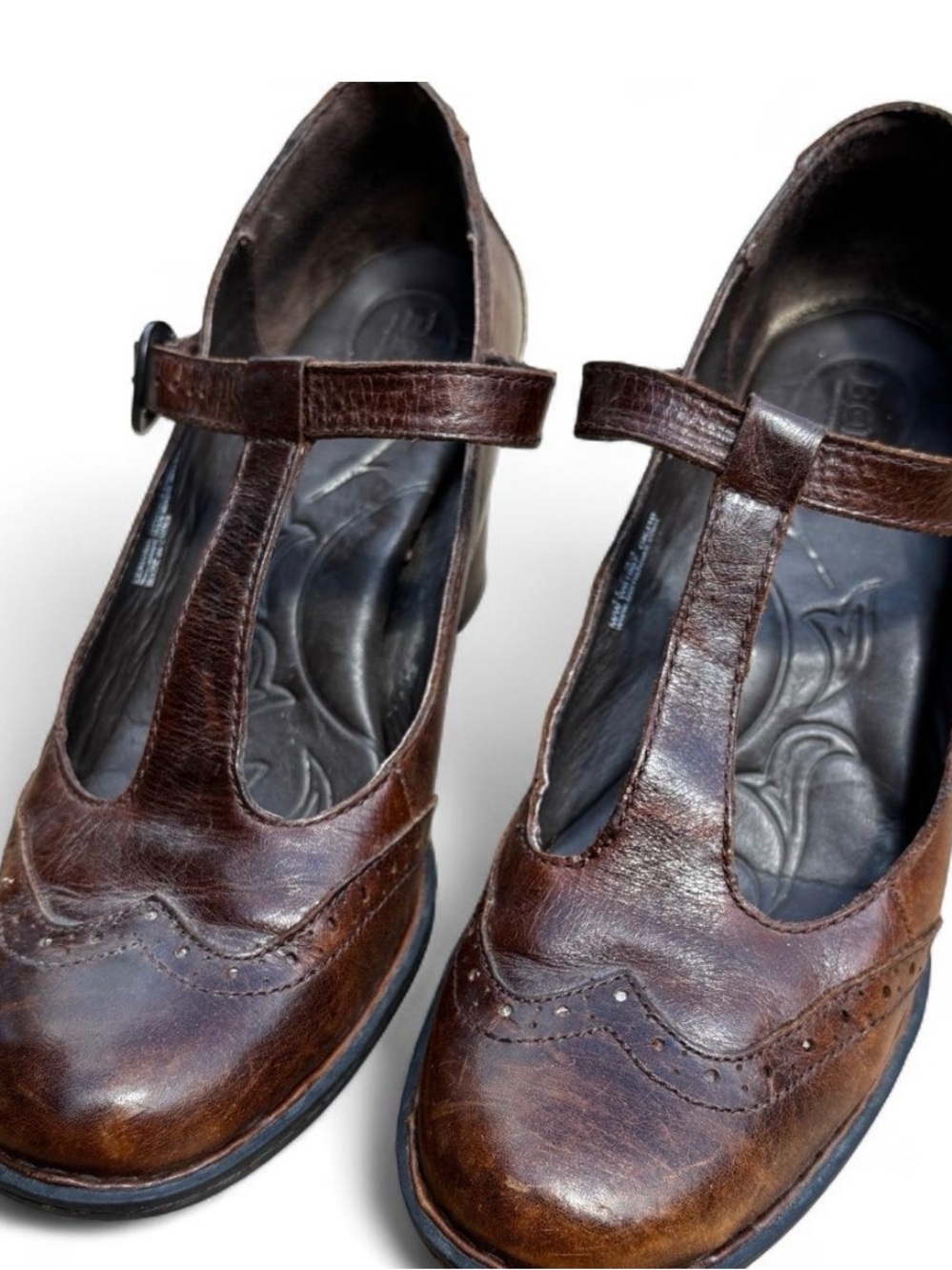 Born Brown Leather T‑Strap Clog Mules Block Heel Size 11